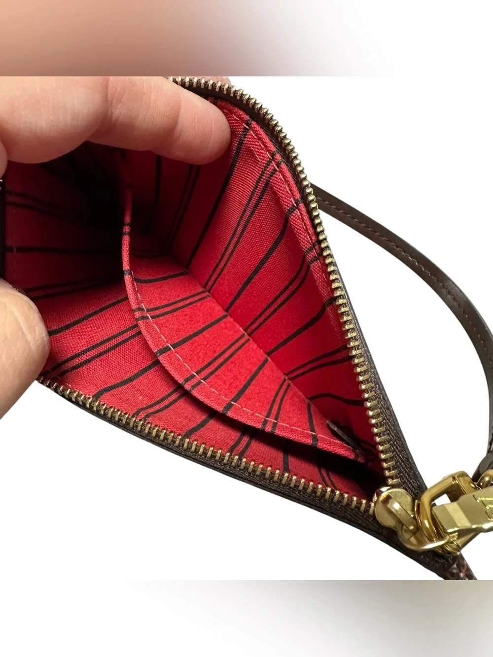 Louis Vuitton Damier Ebene Canvas & Leather Wristlet with Red Interior